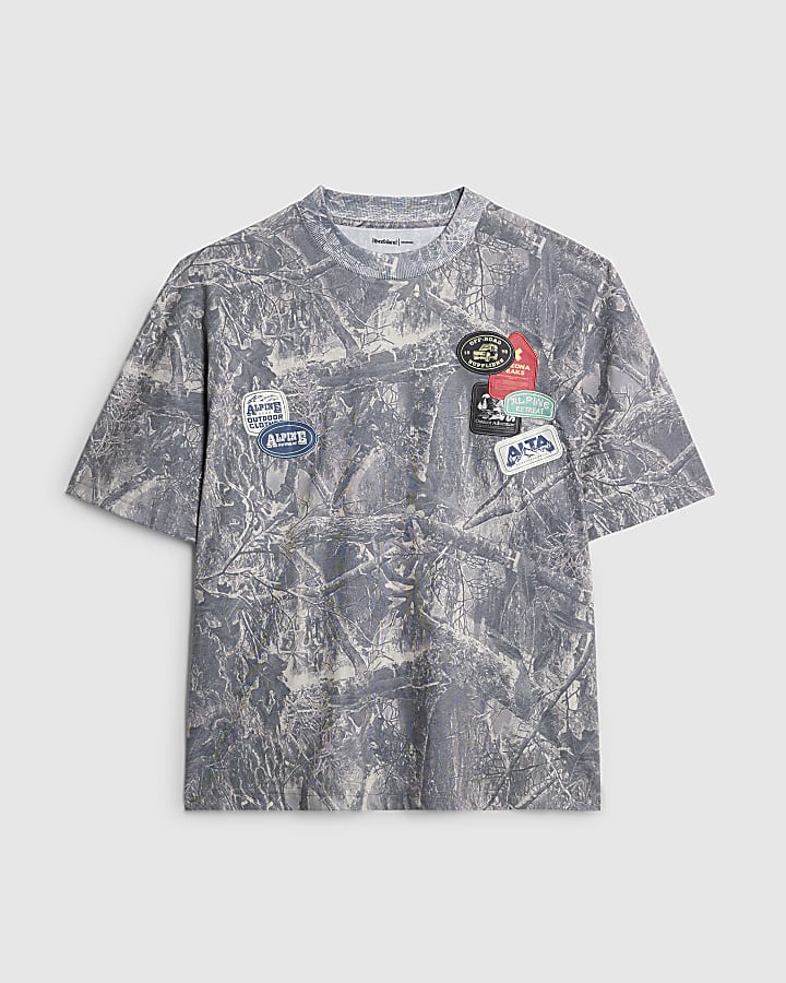 Brown Oversized Fit Camouflage Badges T-Shirt