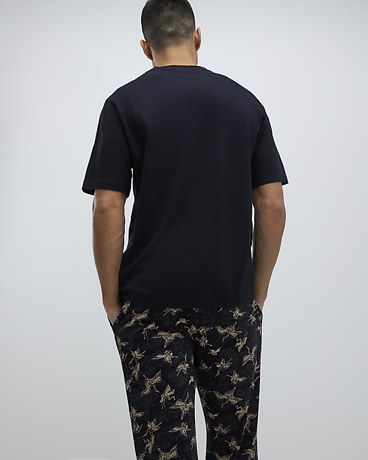 Black Crane Print Loungewear Set