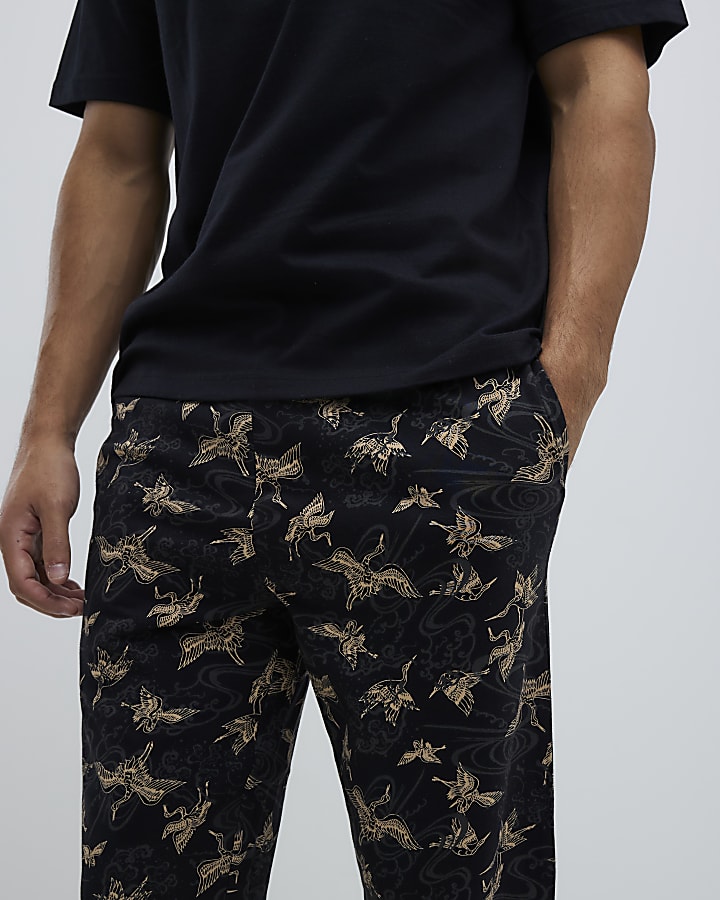 Black Crane Print Loungewear Set