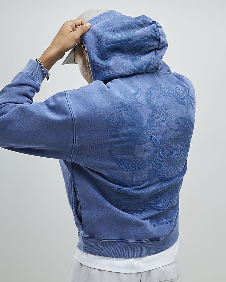 Blue Oversized Fit Japanese Snake Hoodie