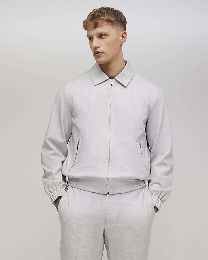 Beige Slim Fit Check Jacket