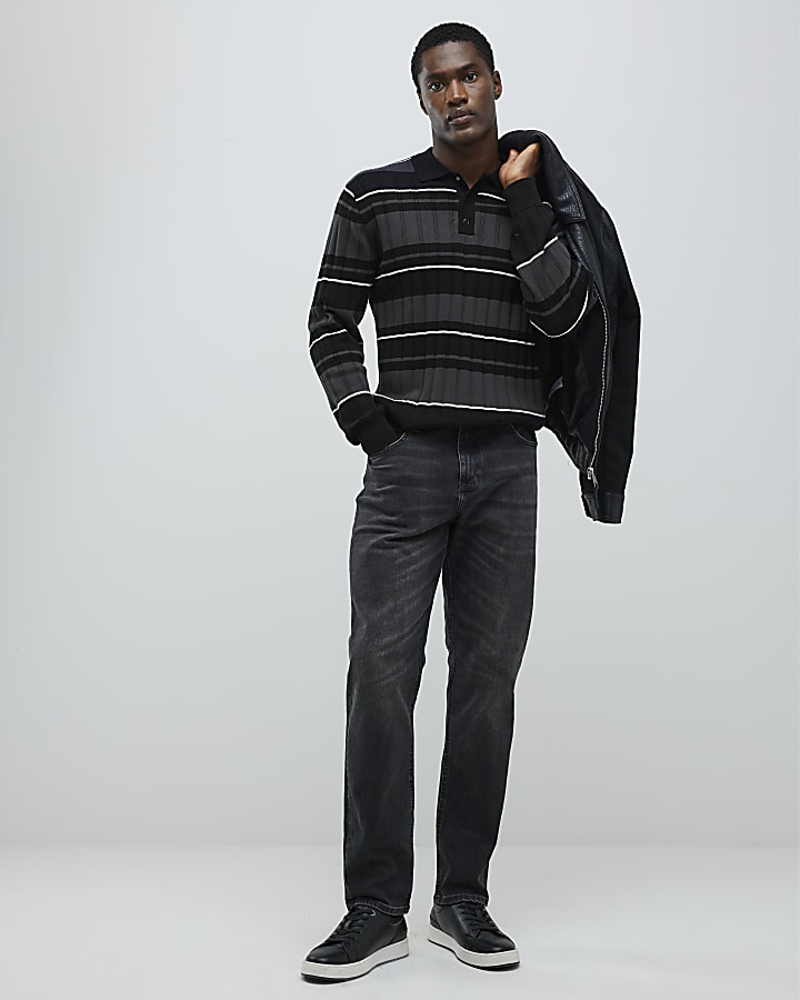 Black Muscle Fit Stripe Ribbed Polo Shirt
