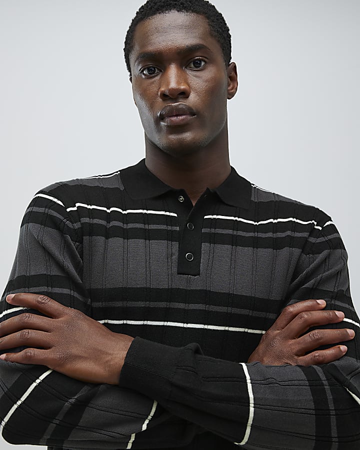 Black Muscle Fit Stripe Ribbed Polo Shirt