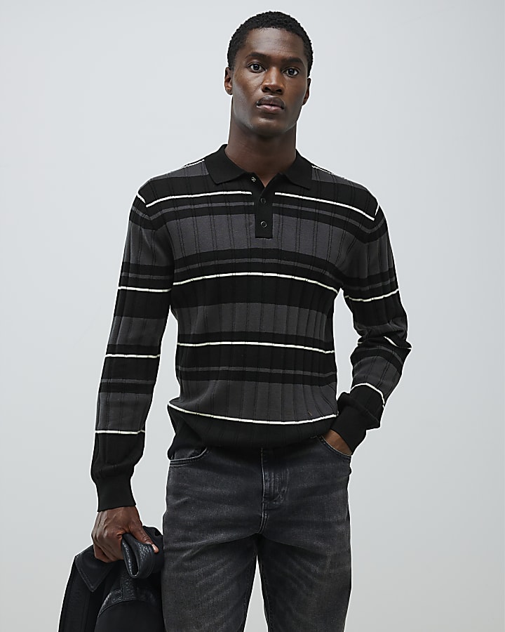 Black Muscle Fit Stripe Ribbed Polo Shirt