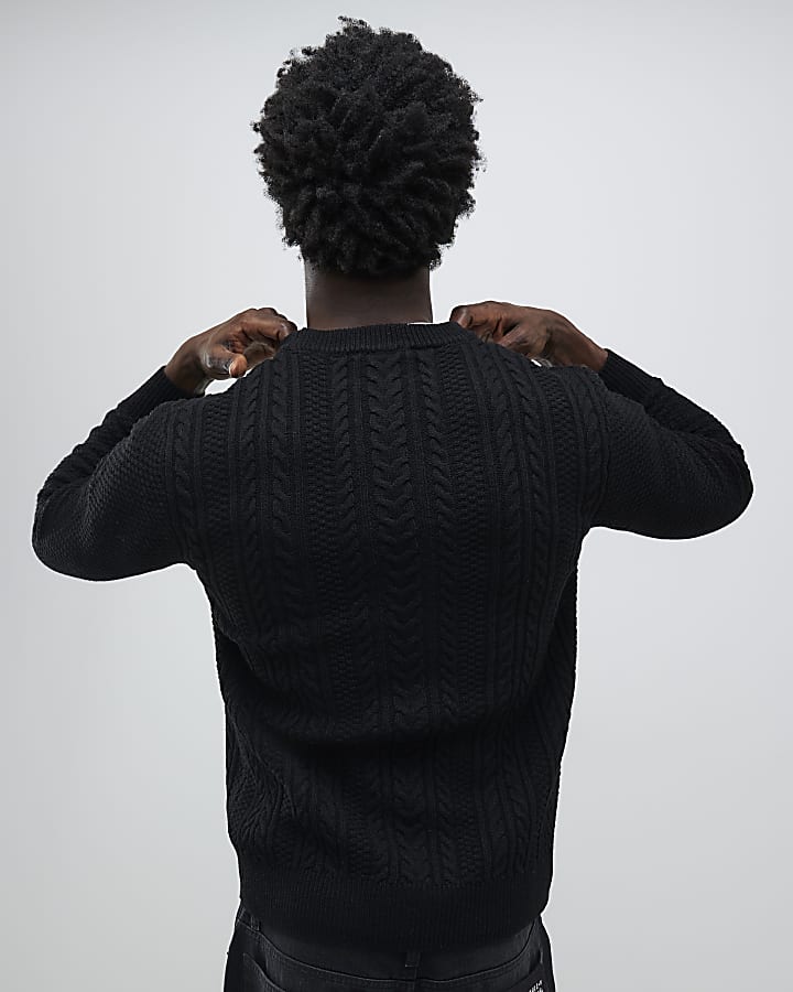 Black Slim Fit Cable Knit Jumper