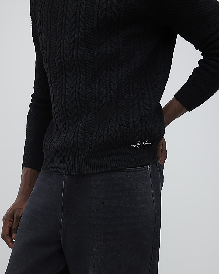 Black Slim Fit Cable Knit Jumper