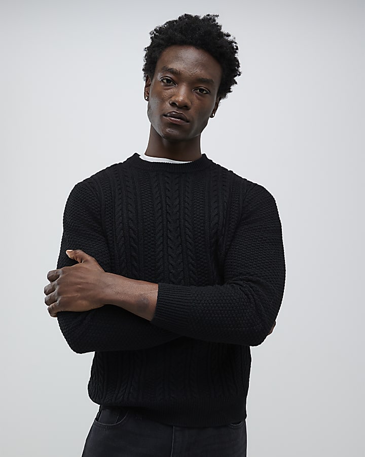 Black Slim Fit Cable Knit Jumper