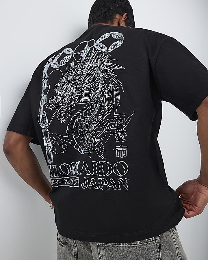 Black Oversized Fit Hokkaido Beaded T-Shirt