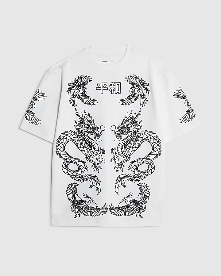 White Oversized Fit Ying Yang Dragons T-Shirt