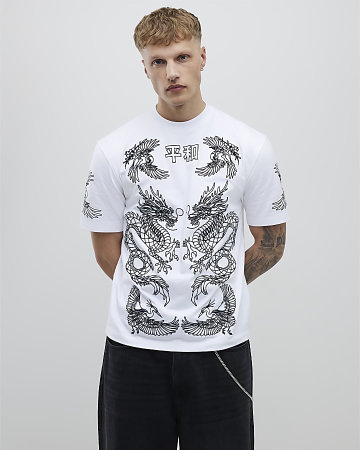 White Oversized Fit Ying Yang Dragons T-Shirt
