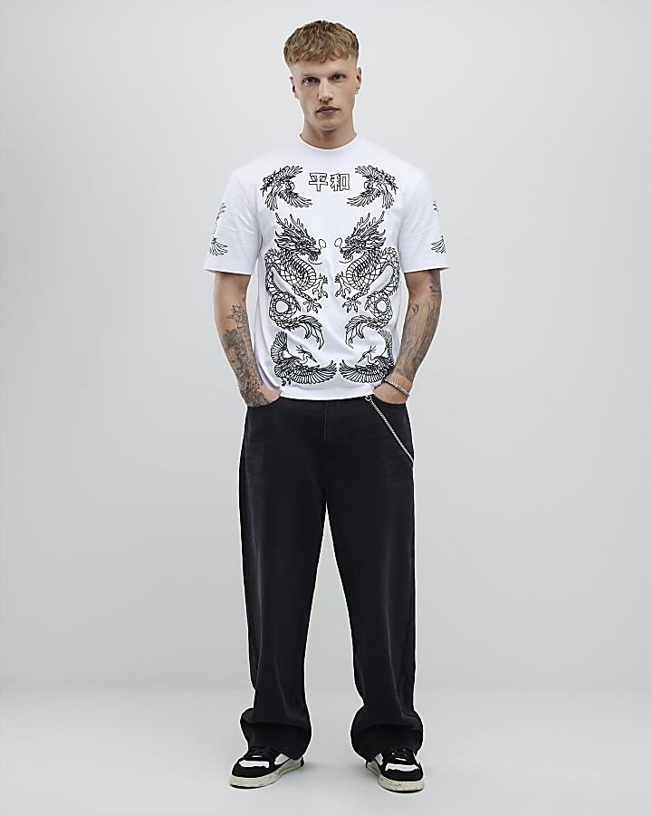 White Oversized Fit Ying Yang Dragons T-Shirt