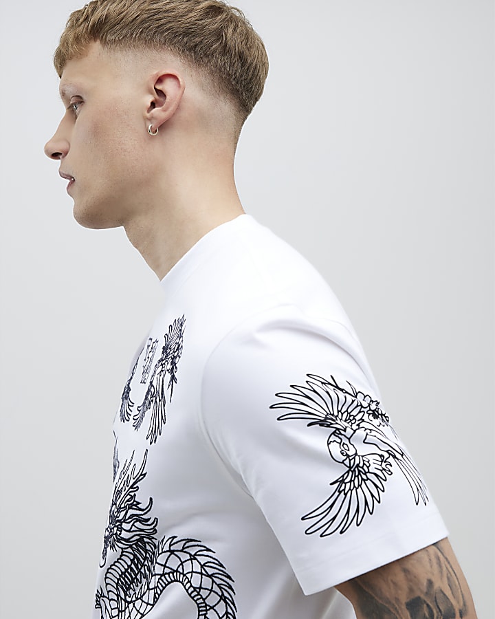 White Oversized Fit Ying Yang Dragons T-Shirt