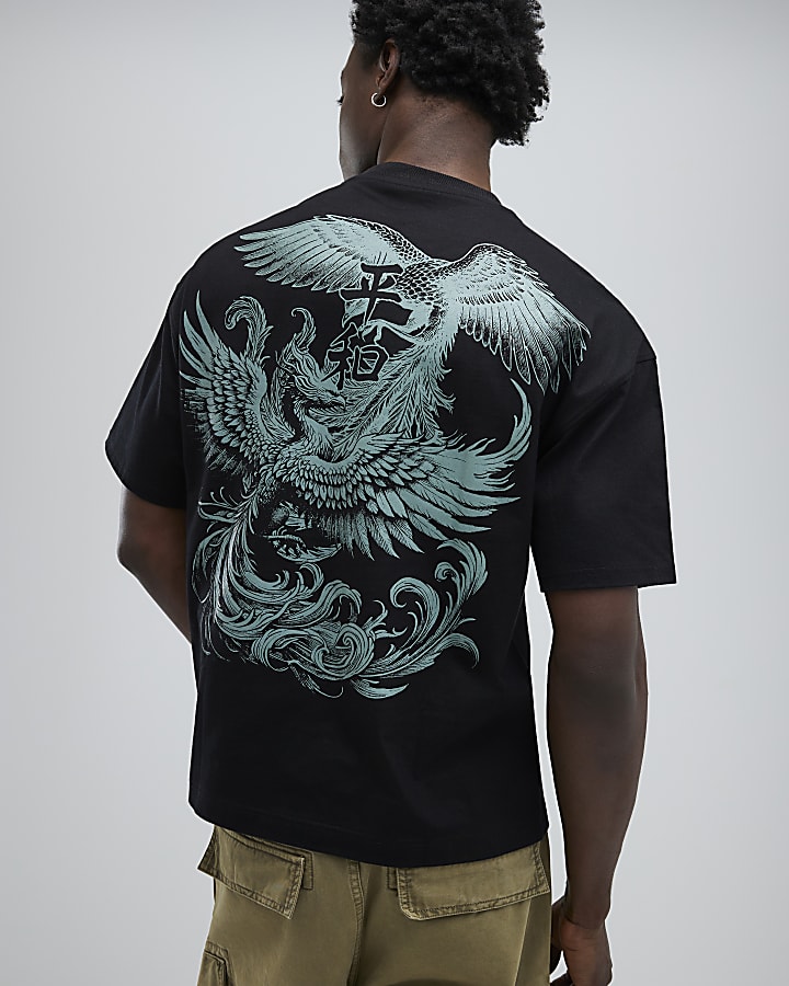 Black Oversized Fit Double Phoenix T-Shirt