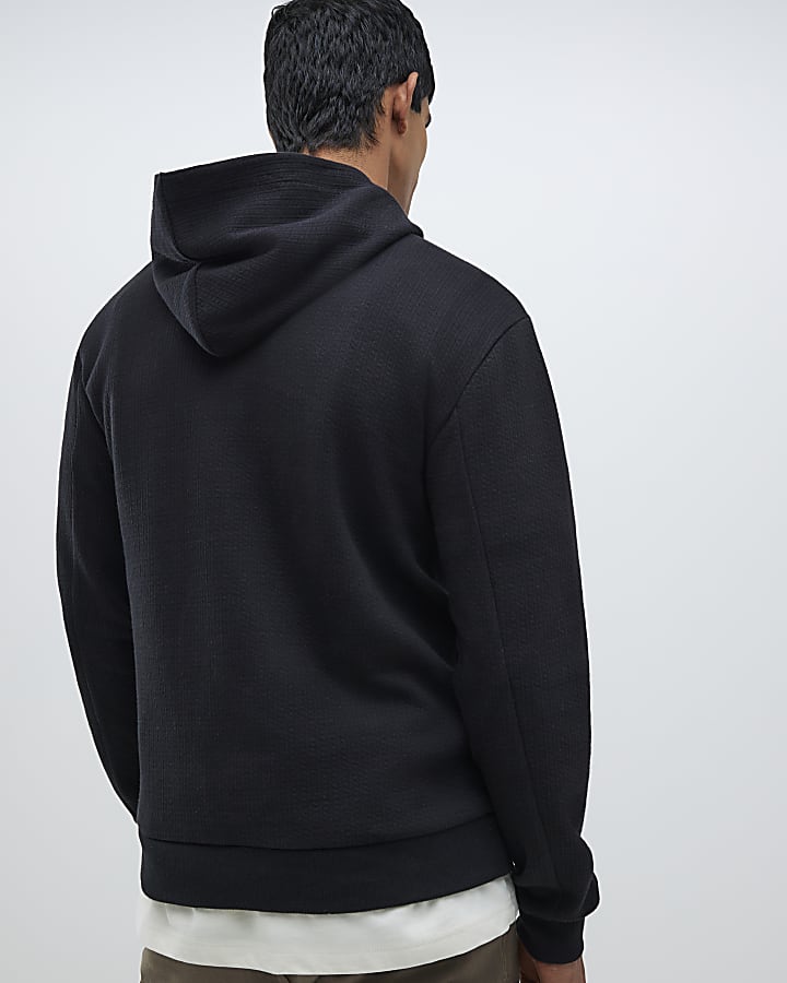 Black Slim Fit Quilted Metal Badge Hoodie