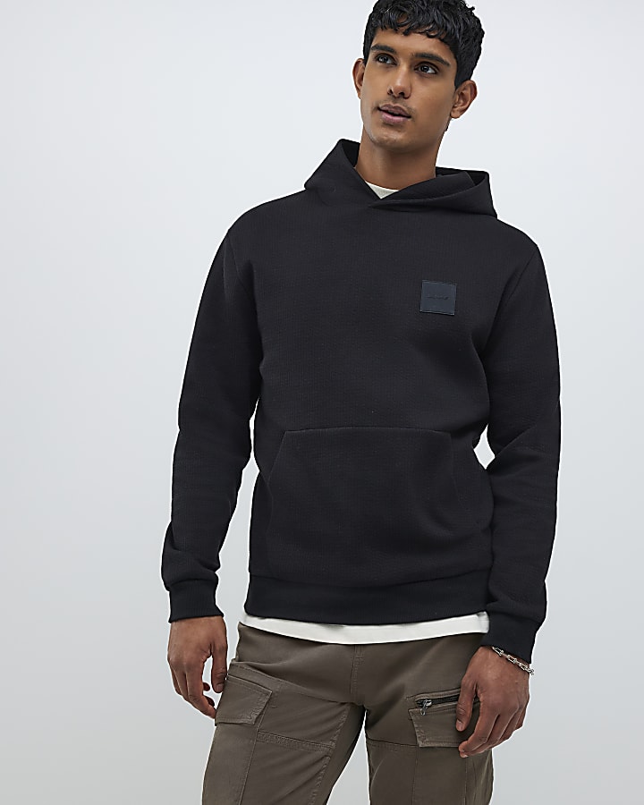 Black Slim Fit Quilted Metal Badge Hoodie