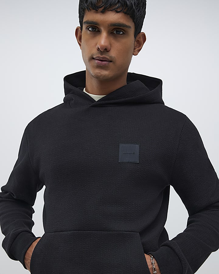 Black Slim Fit Quilted Metal Badge Hoodie