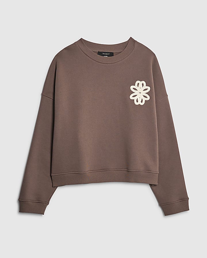 Brown Oversized Fit Floral Rope Sweatshirt