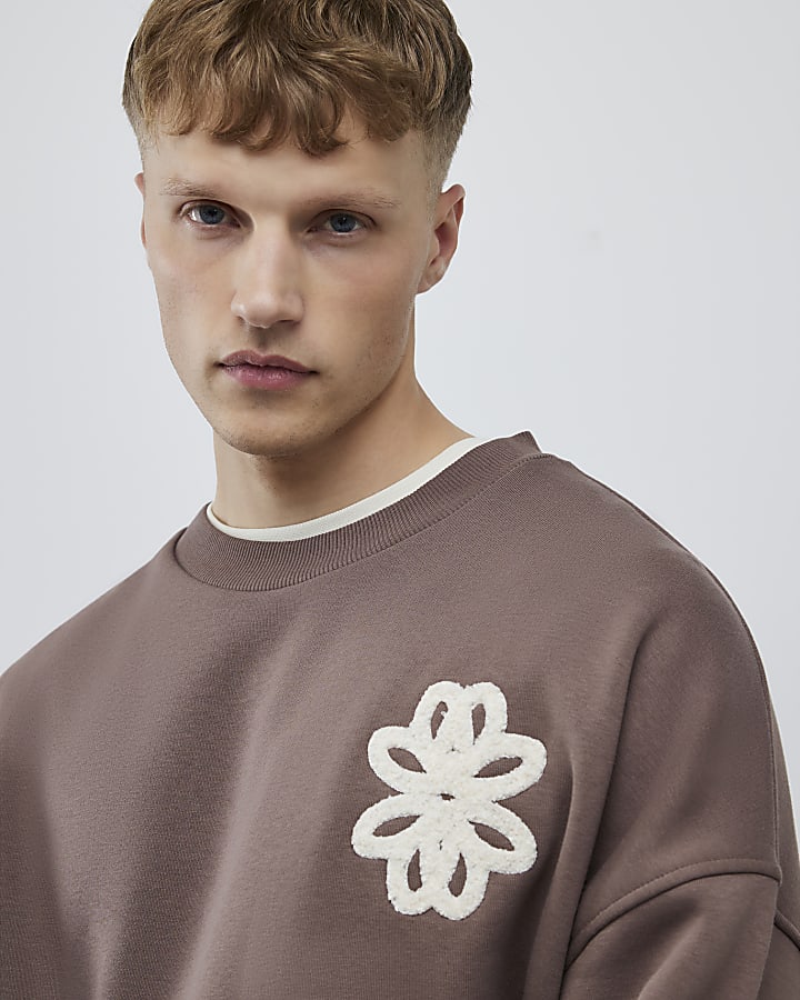 Brown Oversized Fit Floral Rope Sweatshirt