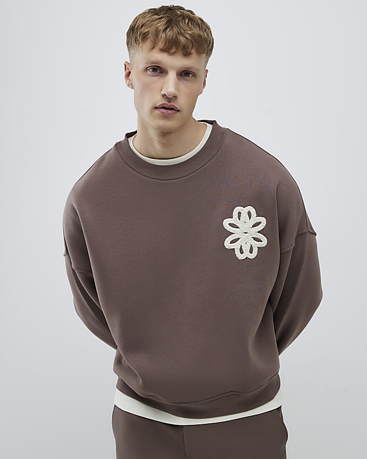 Brown Oversized Fit Floral Rope Sweatshirt
