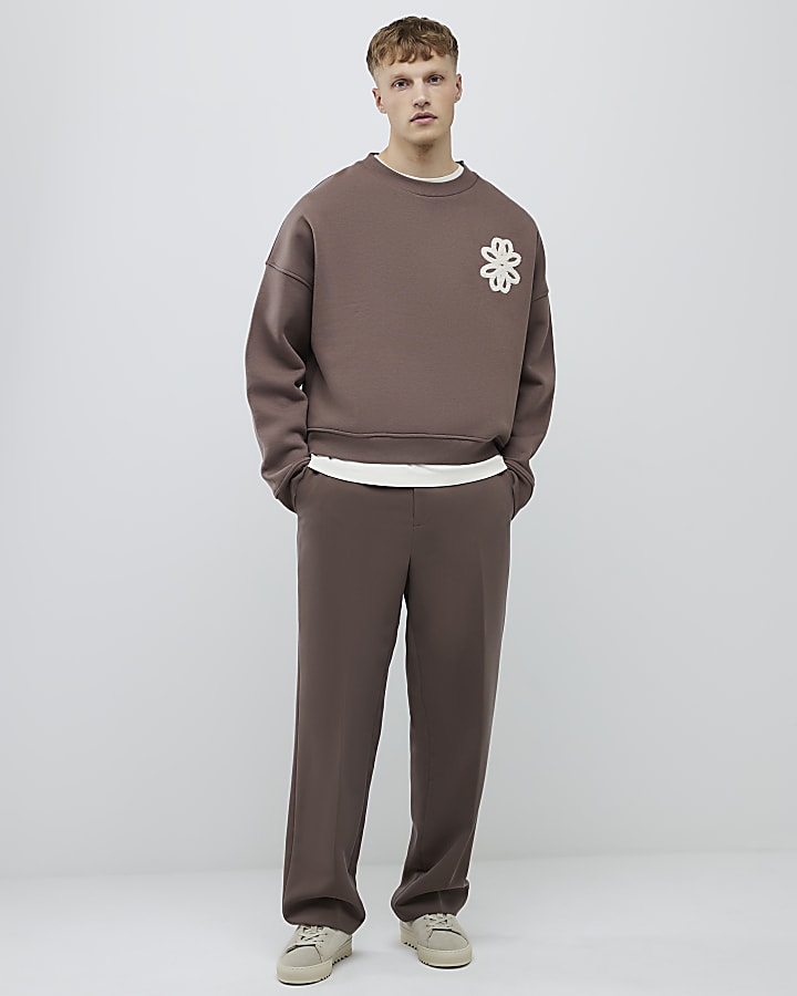 Brown Oversized Fit Floral Rope Sweatshirt