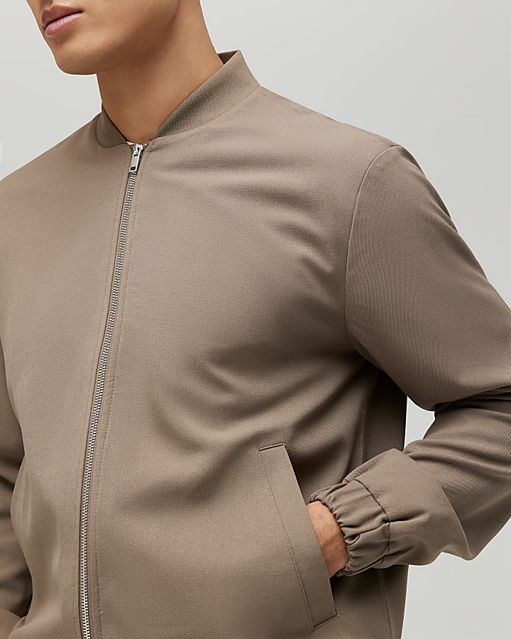 Beige Slim Fit Bomber Jacket