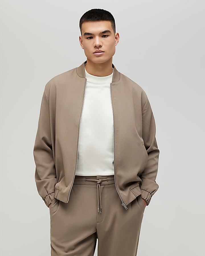 Beige Slim Fit Bomber Jacket