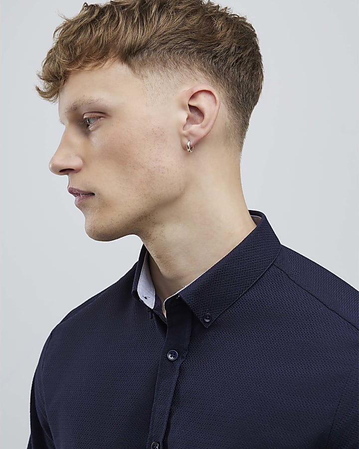 Navy Muscle Fit Textured Shirt