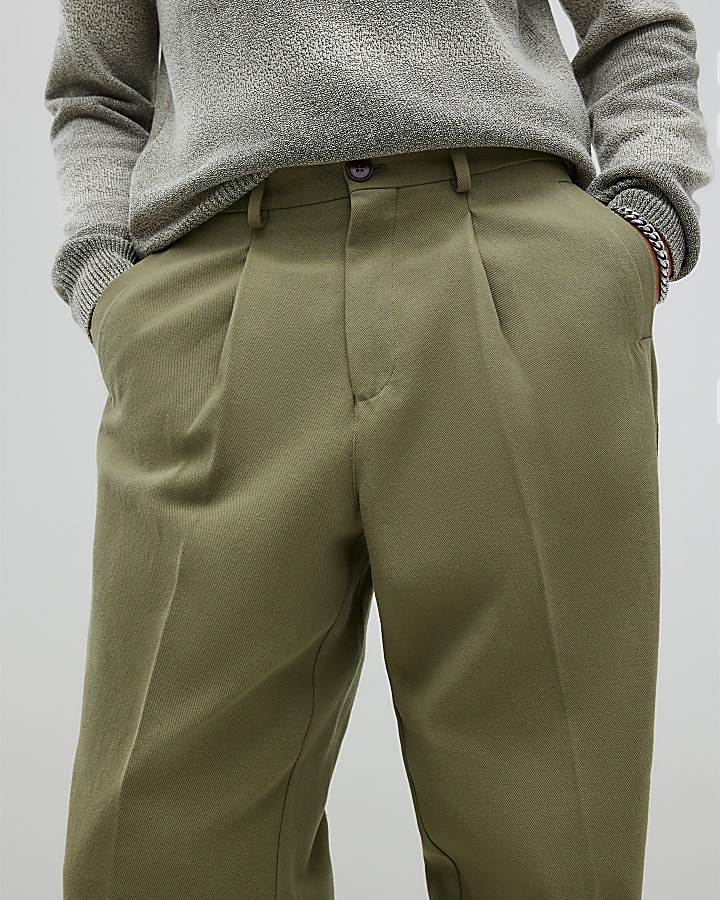 Khaki Twill Wide Leg Trousers