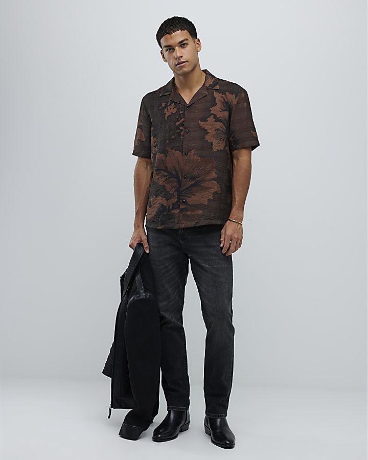 Brown Regular Fit Floral Revere Shirt