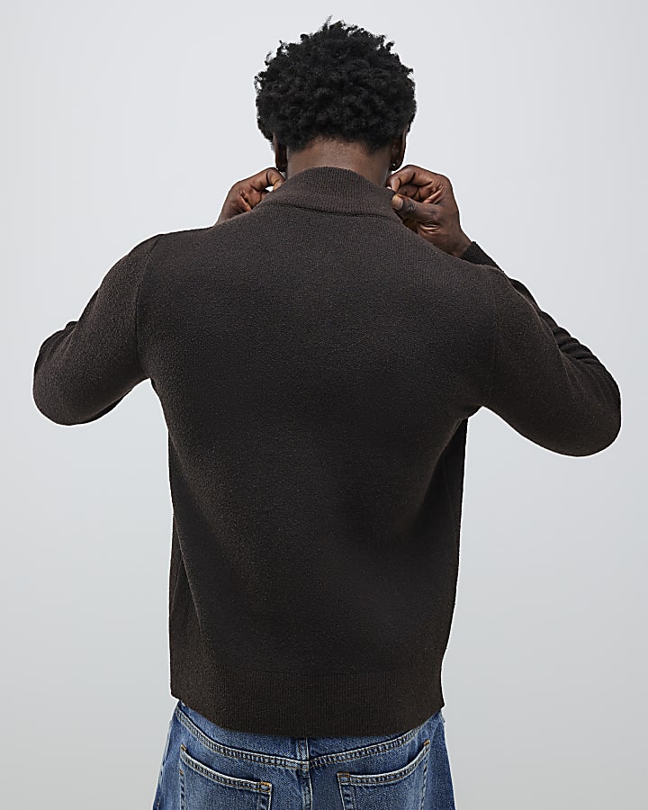 Brown Regular Fit Boucle Half Zip Jumpers