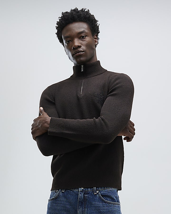 Brown Regular Fit Boucle Half Zip Jumpers