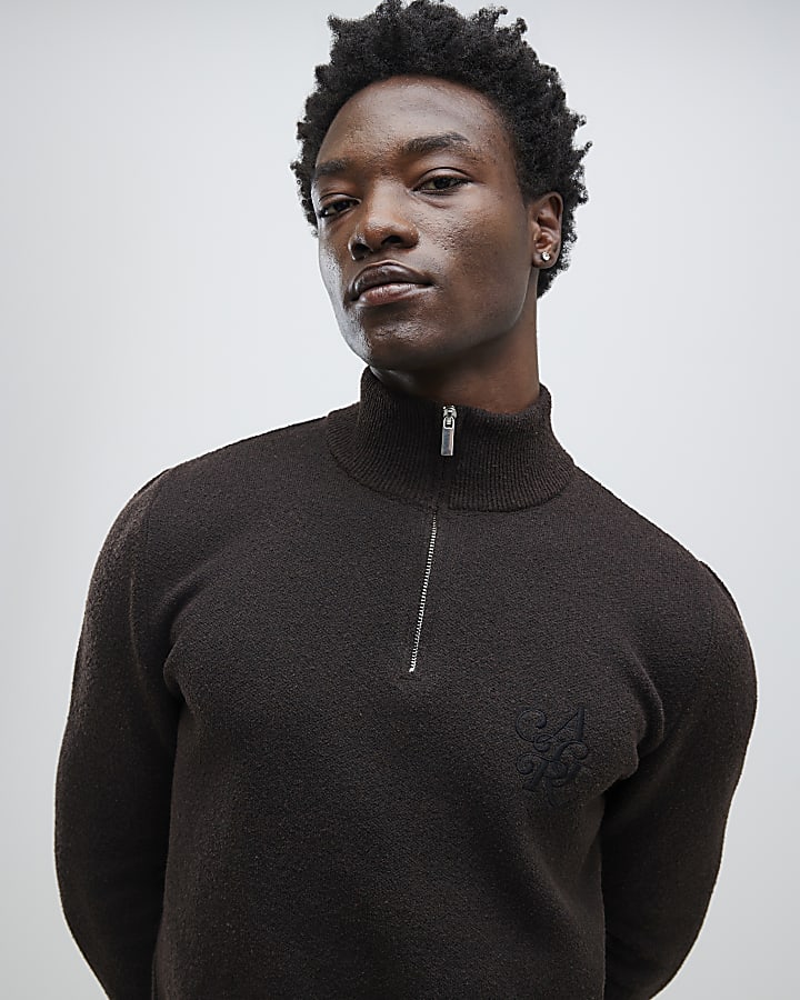 Brown Regular Fit Boucle Half Zip Jumpers