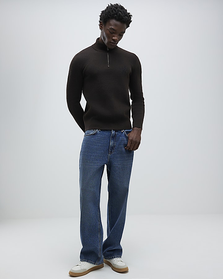 Brown Regular Fit Boucle Half Zip Jumpers