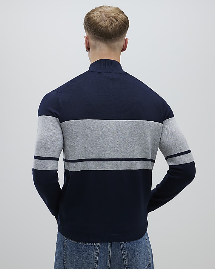 Navy Slim Fit Colour Block Half Zip Jumper