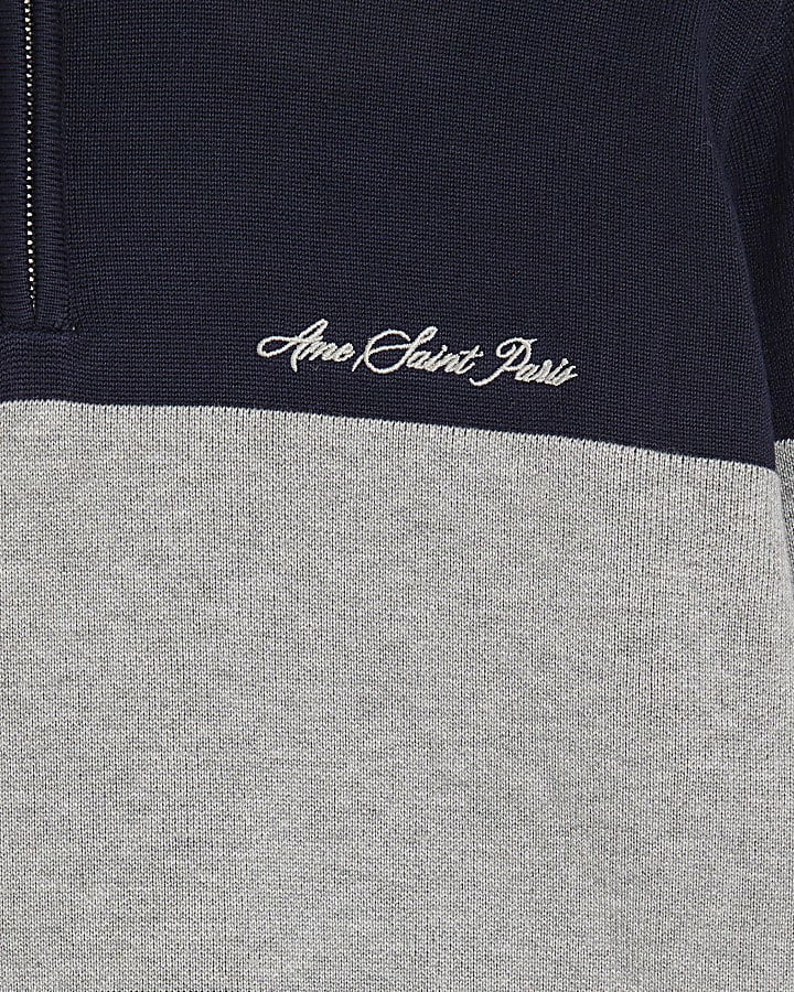 Navy Slim Fit Colour Block Half Zip Jumper