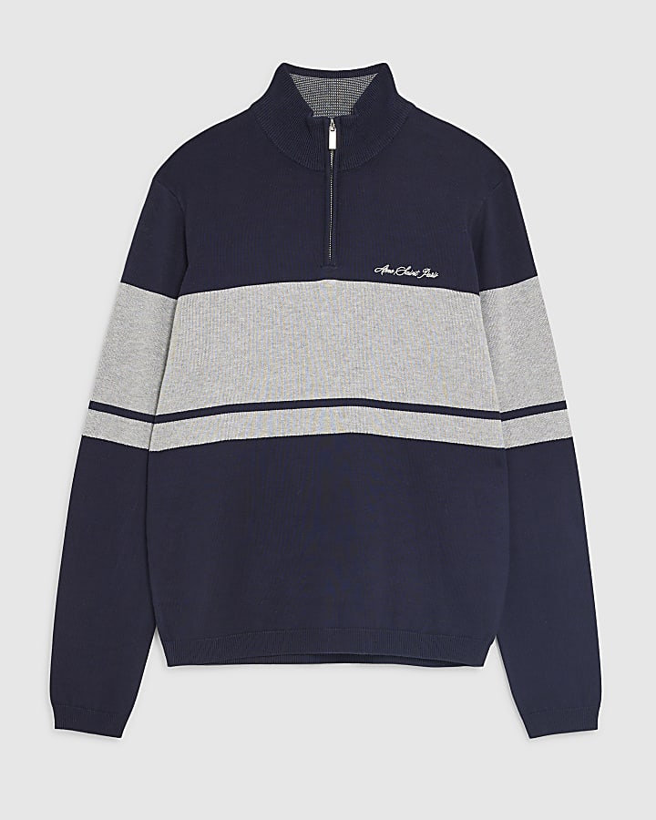 Navy Slim Fit Colour Block Half Zip Jumper