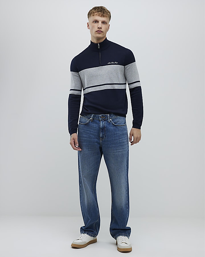 Navy Slim Fit Colour Block Half Zip Jumper