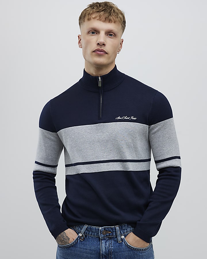 Navy Slim Fit Colour Block Half Zip Jumper