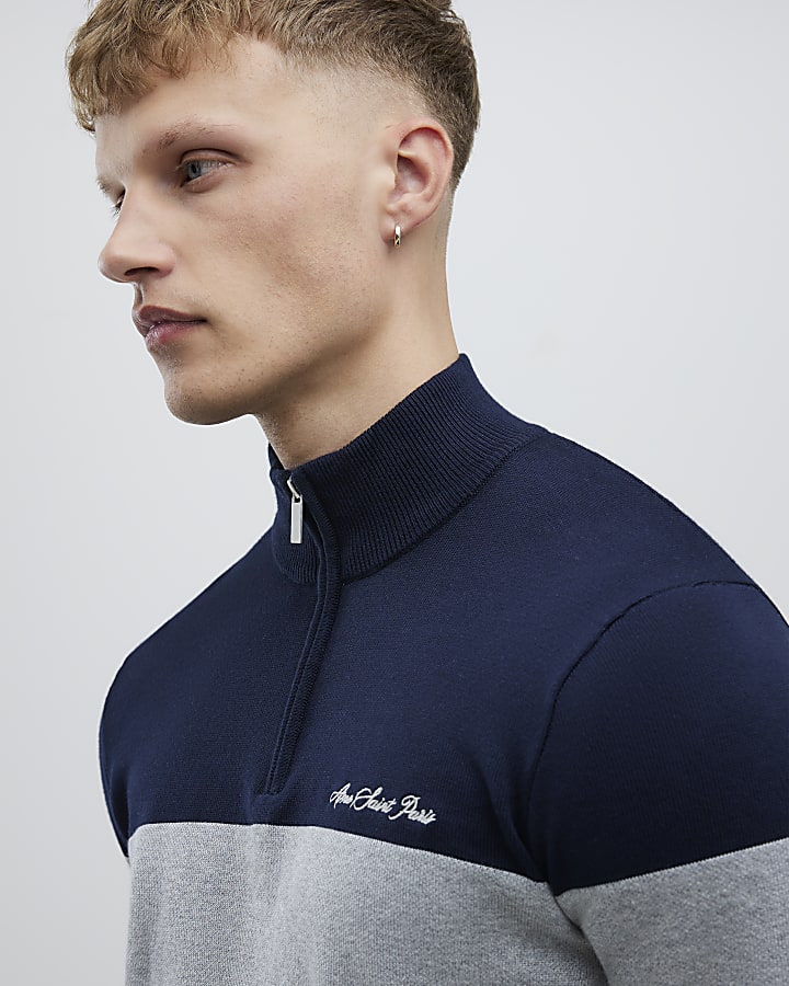 Navy Slim Fit Colour Block Half Zip Jumper