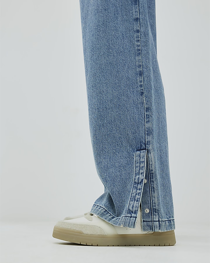 Blue Baggy Fit Popper Split Hem Denim Joggers