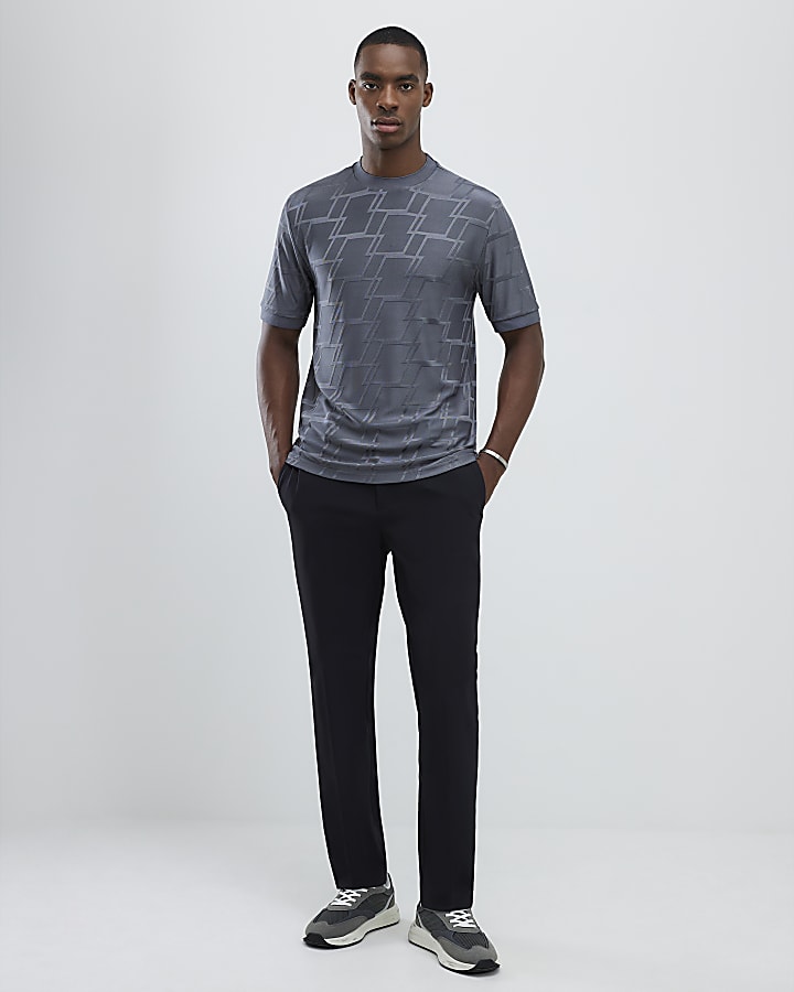 Grey Slim Fit Textured Geometric T-Shirt