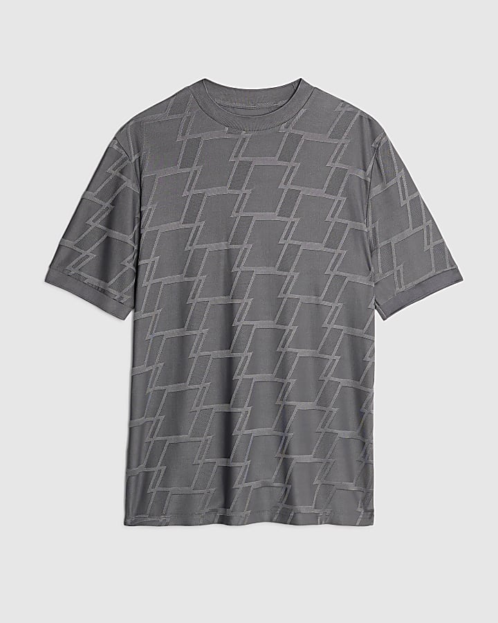 Grey Slim Fit Textured Geometric T-Shirt