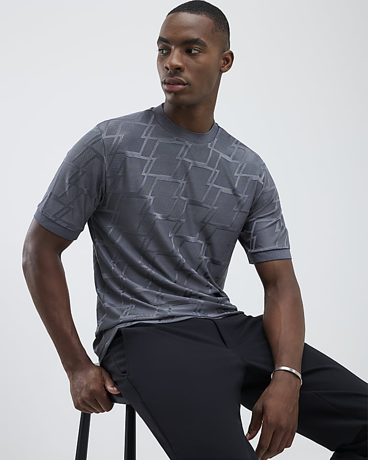 Grey Slim Fit Textured Geometric T-Shirt
