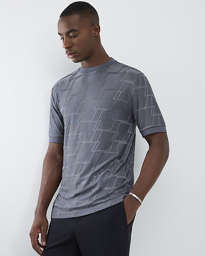 Grey Slim Fit Textured Geometric T-Shirt