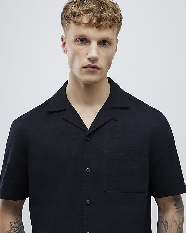 Black Regular Fit Dobby Check Shirt