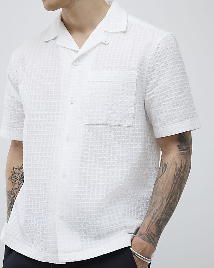 White Regular Fit Dobby Check Shirt