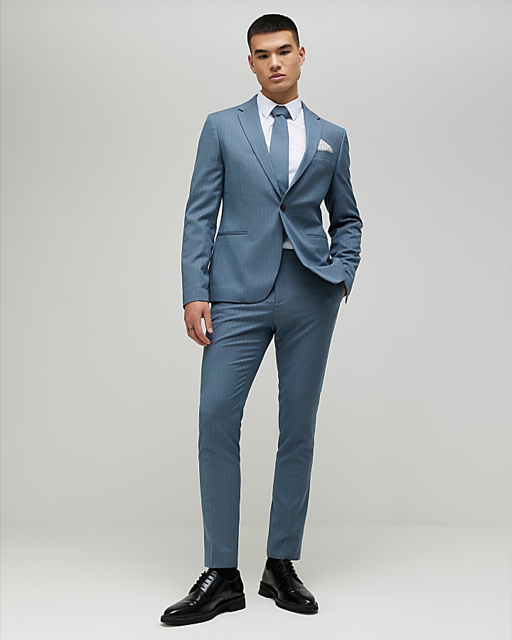 Blue Skinny Fit Pinstripe Suit Trousers