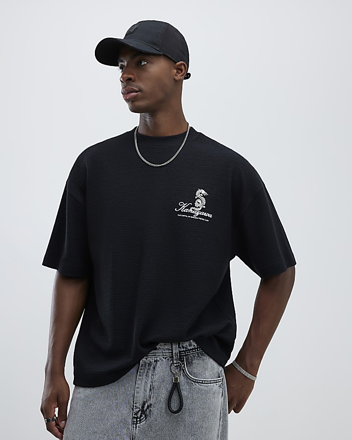 Black Textured Japanese Patch T-Shirt