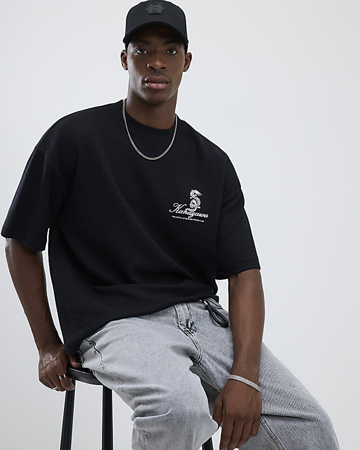 Black Textured Japanese Patch T-Shirt