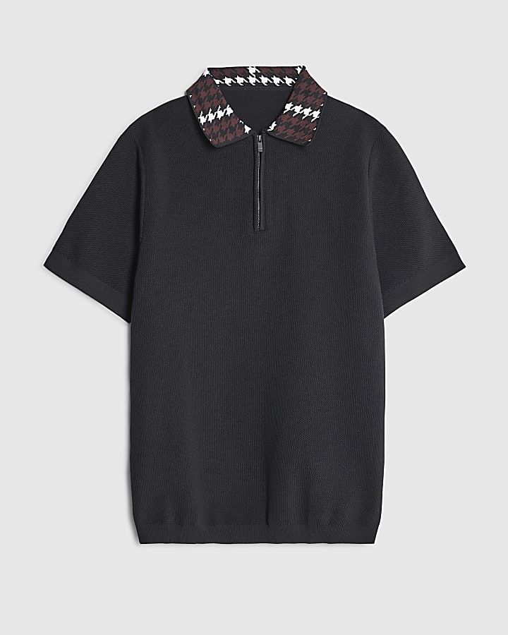 Black Slim Fit Check Collar Polo Shirt